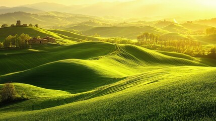 Obraz premium National Geographic A sea of rolling green hills bathed in golden evening sunlight.
