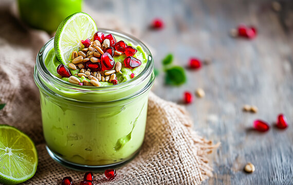 Creamy Avocado Dessert with Pomegranate and Lime in Glass Jar Banner