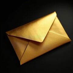 Close-up of a golden envelope with a shiny metallic texture, softly lit against a black background for an elegant and minimalistic presentation.