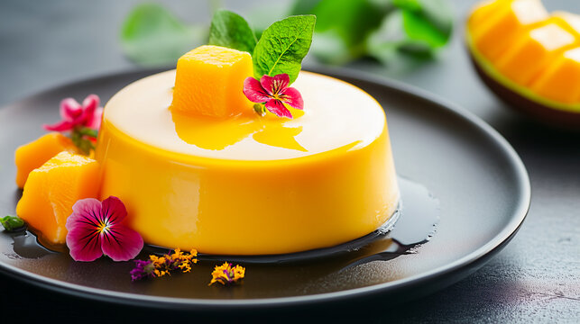 Delicious mango mousse dessert garnished with fresh mint and edible flowers on a dark plate