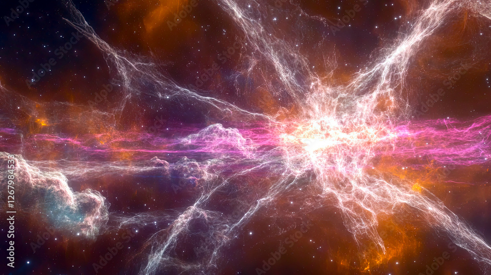 Poster in the depths of space, a supernova explodes with an intense burst of light and color
