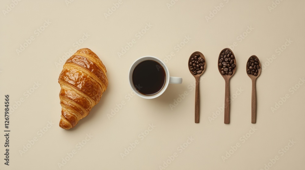 Poster warm croissant paired with a steaming cup of coffee and coffee beans on spoons in a cozy flat lay ar