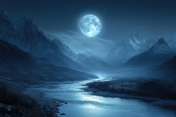 Obraz premium Serene moonlit landscape with a river flowing through majestic snow-capped mountains under a bright full moon.