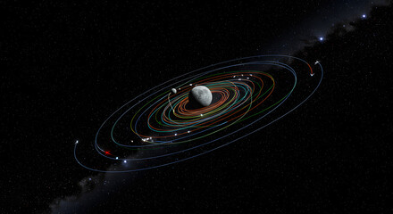 Stunning celestial orbits of planets and moons in space art dark calm on transparent background