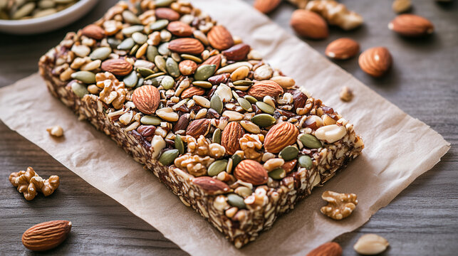 Healthy snack bars made with mixed nuts and seeds, displayed on a rustic wooden table, ideal for a wholesome treat anytime.