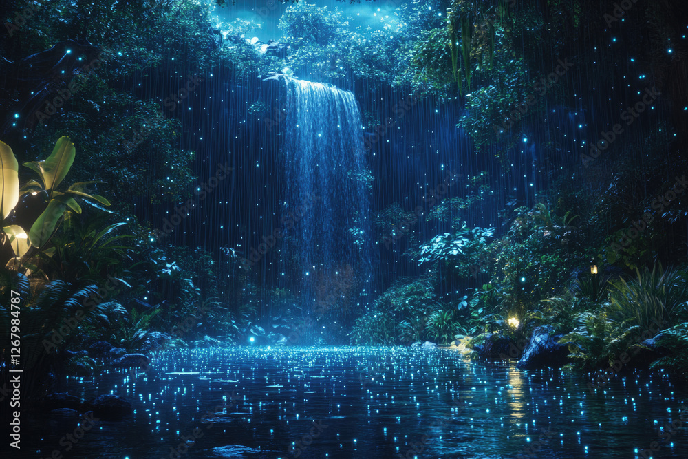Poster enchanted waterfall cascading through a mystical rainforest at night, illuminated by bioluminescent 