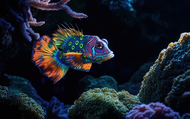 National Geographic Colorful Mandarinfish gliding through a coral labyrinth, its intricate patterns glowing in the dim underwater light