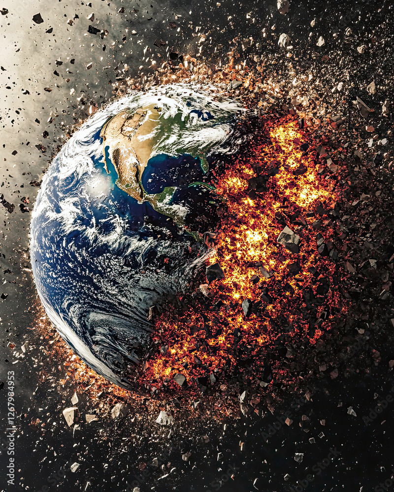 Poster globe earth shattering into fragments while erupting in fiery chaos and cosmic destruction