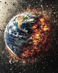 Globe Earth Shattering Into Fragments While Erupting in Fiery Chaos and Cosmic Destruction