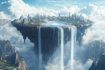 A futuristic city nestled atop a colossal floating island, cascading waterfalls plunging into the clouds below.
