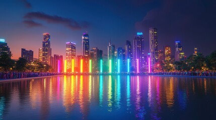 Obraz premium A vibrant city skyline illuminated by colorful lights reflects beautifully in the water under a twilight sky.