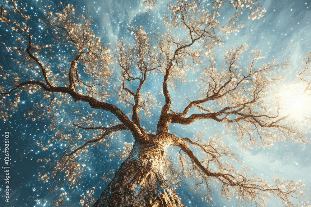 Poster a majestic tree stretches towards a starry sky, creating a surreal and ethereal scene.