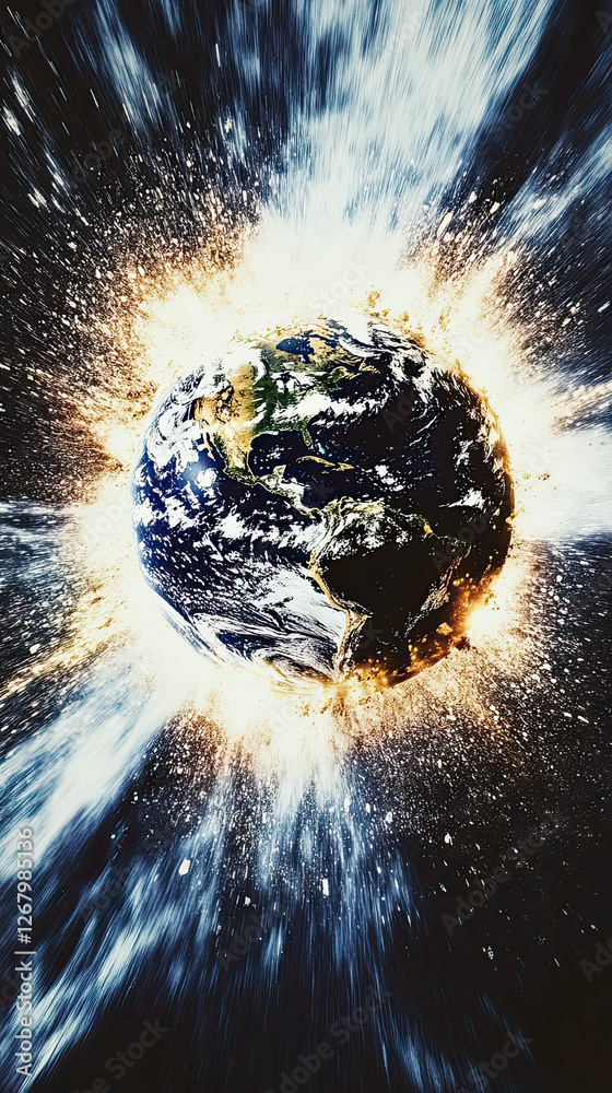 Poster Exploding Globe Earth Ignites Imagination With Vibrant Colors and Dynamic Energy in Cosmic Chaos