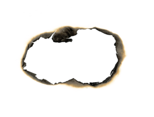 Burned hole white paper background texture. Burnt paper edges. Burn in paper with brown edges and flames isolated on a transparent background	