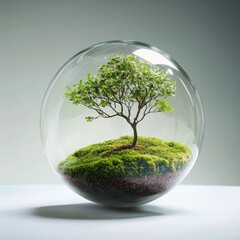 Miniature green tree inside a glass terrarium with moss detail on a simple background. Generative AI