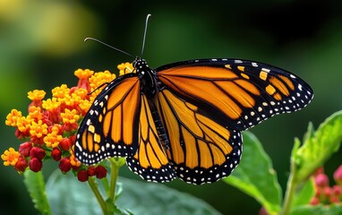 Fototapeta premium National Geographic Graceful Monarch Butterfly resting on a delicate flower, intricate orange and black wings spread wide