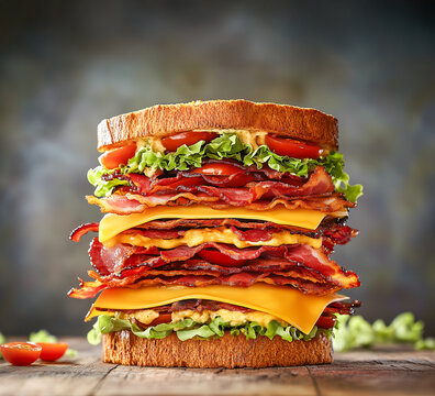 Giant Club Sandwich with Crispy Bacon, Melted Cheese, Lettuce and Tomato"