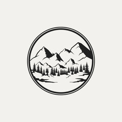 vector logo nature illustration with mountains and forest