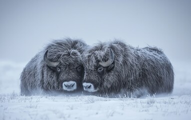 National Geographic Herd of Musk Oxen huddled together against an icy Arctic storm, thick fur rippling in the powerful wind