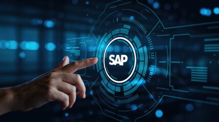 Hand interacts with a digital interface featuring sap logo