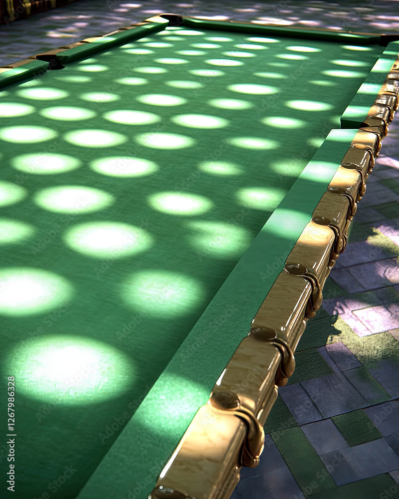 Poster Inviting Empty Billiard Table Bathed in Soft Sunlight Casting Playful Shadows