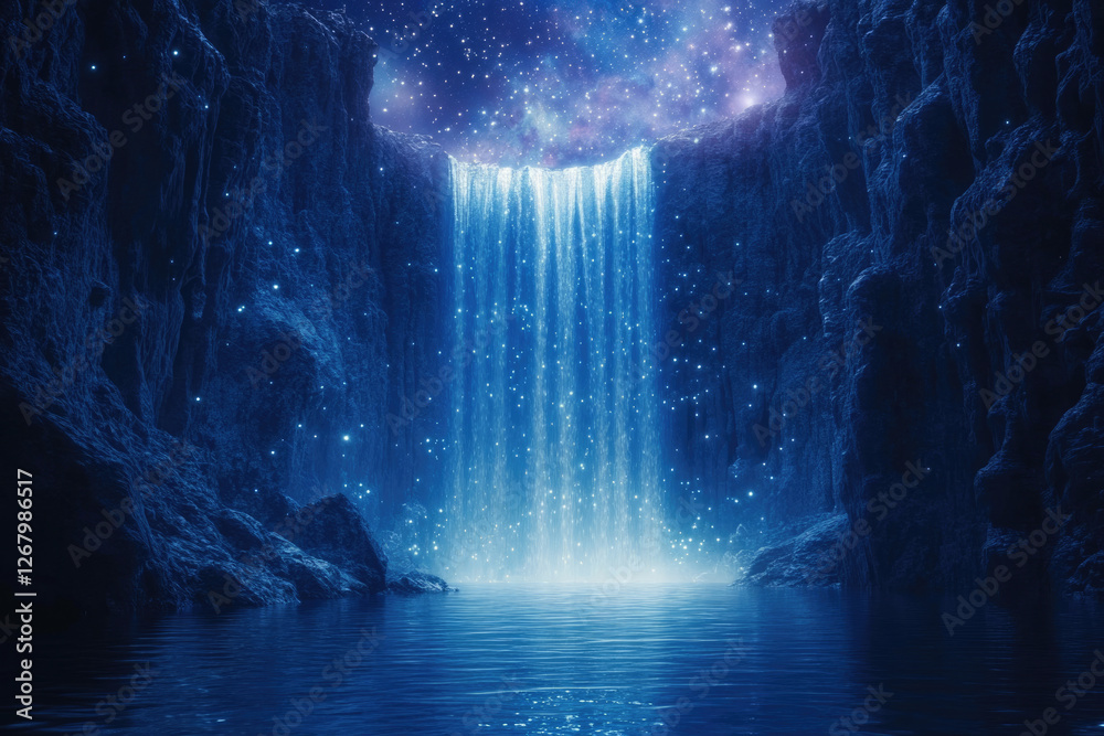 Aufkleber enchanted waterfall cascading into a serene pool, illuminated by ethereal starlight within a mystica