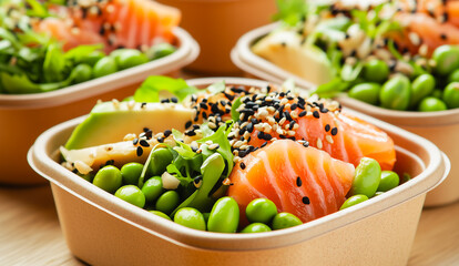 Fresh salmon salad bowls with edamame and greens garnished with sesame seeds
