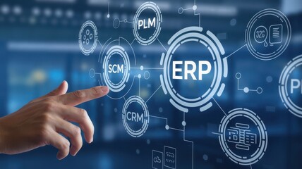 Fototapeta premium Finger interacts with enterprise resource planning digital interface system
