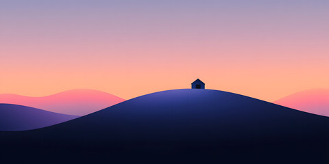 Solitary home on a hill at sunset. A peaceful retreat in a colorful landscape with minimalist design. An inviting scene with a sense of serenity. 