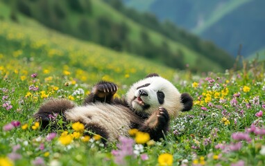 Obraz premium National Geographic Playful Baby Panda rolling in a field of wildflowers, soft green mountains in the background