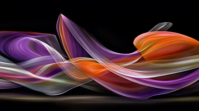Abstract flowing ribbons of orange and purple hues gracefully intertwine against a dark background.
