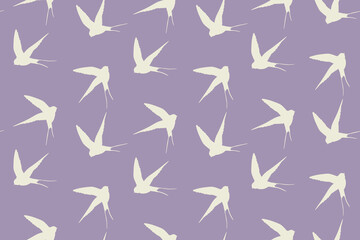 Seamless pattern with swallow silhouette on color background. Cute bird in flight. Vector illustration. Doodle style. Design for invitation, poster, card, fabric, textile.