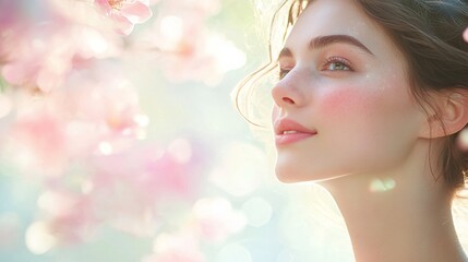 Fototapeta premium Model poses with sun-kissed skin at sunset against a vibrant background of orange and blue hues
