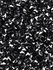 Abstract monochrome pattern of tiny white bird-shaped figures scattered amidst textured black background.