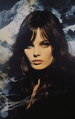 A music poster from 1970s style featuring the head and shoulders of a young woman dressed in a strapless black dress overlooking the Scottish Highlands during the dark autumnal winter.