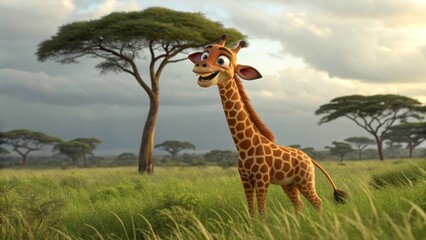Fototapeta premium Playful cartoon giraffe in serengeti grasslands animation nature scene sunny sky whimsical character