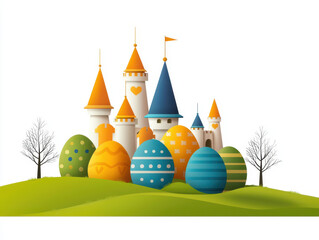 Colorful Easter eggs in magical castle landscape with trees