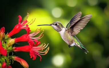 Obraz premium National Geographic Tiny Hummingbird hovering beside a bright red flower, wings beating rapidly, sunlight catching iridescent green feathers