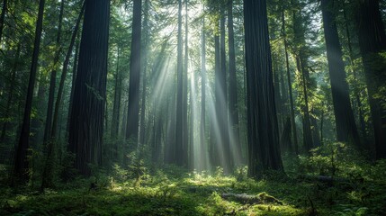Fototapeta premium , National Geographic Towering redwood forest with sunlight piercing through the dense canopy, illuminating the mossy forest floor.