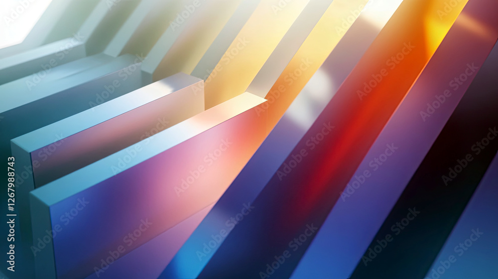 Poster monolithic forms emerge from a haze, glowing with iridescent colors in a surreal landscape