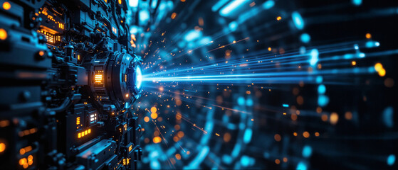 The Science fiction fusion of quantum computing and teleportation concept, a high-tech backdrop.