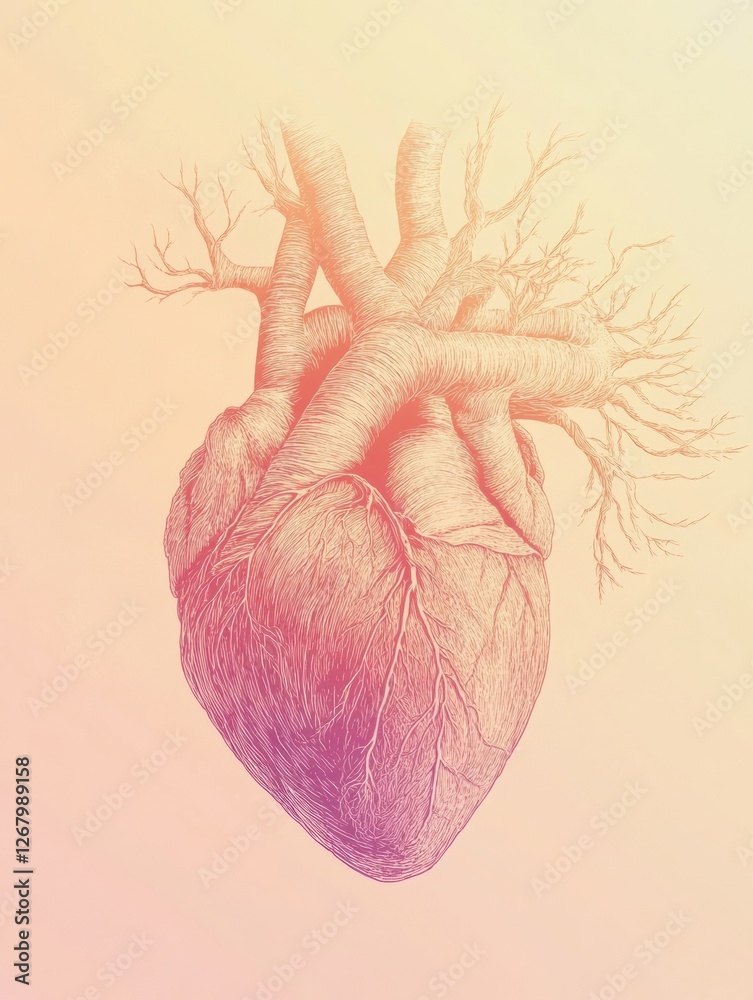 Poster artistic representation of a human heart highlighting details and anatomical features in a colorful 