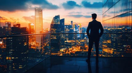 Successful hedge fund manager standing on a balcony with a view of a global financial hub.
