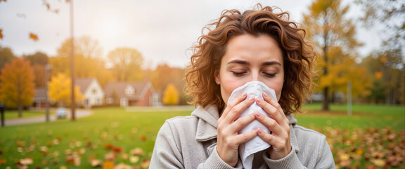 Adult woman sneezes while holding tissues in autumn park, seasonal allergies