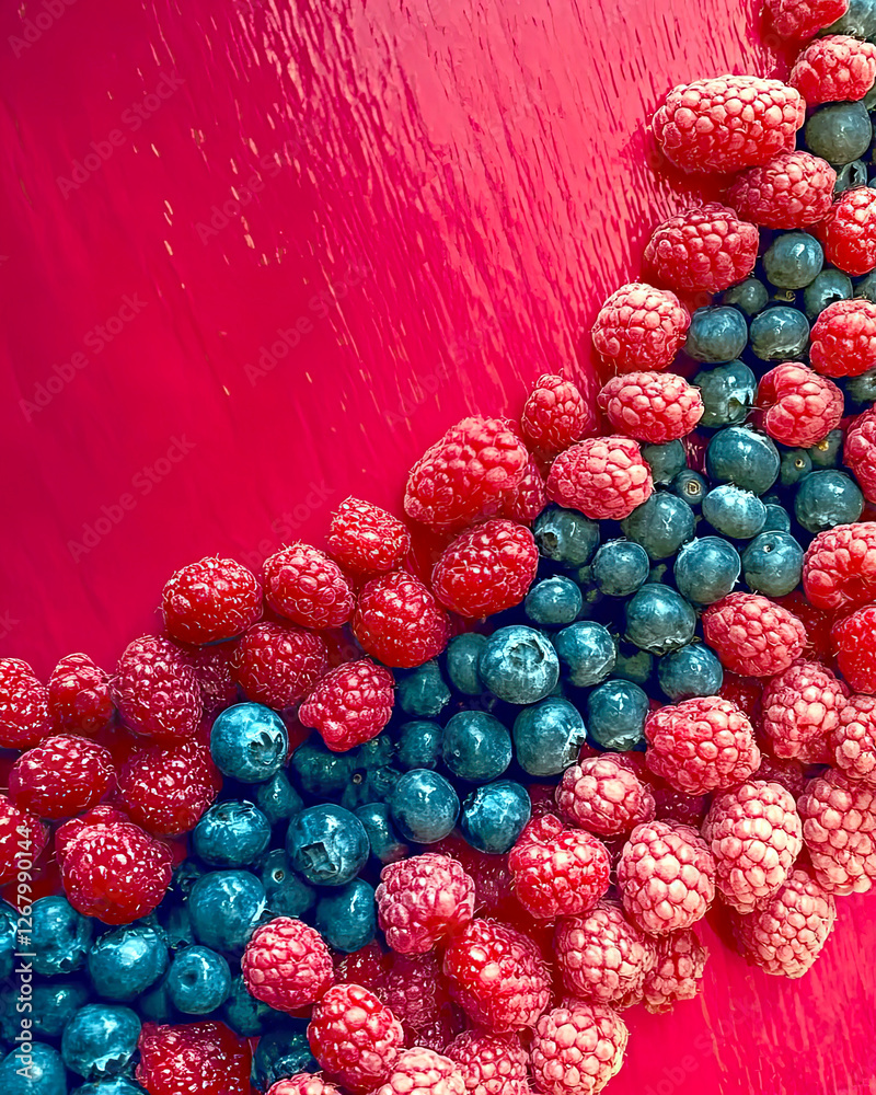 Poster vibrant display of fresh berries on a textured red surface for a summer feast