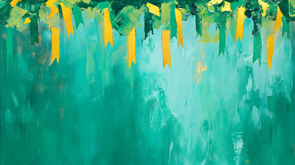 fondo creativo pintado en acrilico o acuarela color azul verde desvanecido con banderines y decoraciones en la parte de arriba con espacio de copia para diseño creativo