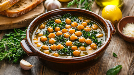 Hearty chickpea and black kale stew served in a rustic bowl with fresh herbs and bread on a wooden table.