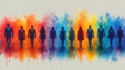 Silhouettes of diverse figures against a colorful watercolor background.