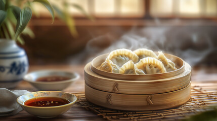 Dumplings in a bamboo steamer served with dipping sauces in a cozy setting
