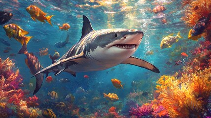 Fototapeta premium Majestic shark swimming through vibrant coral reef teeming with colorful fish in clear sunlight